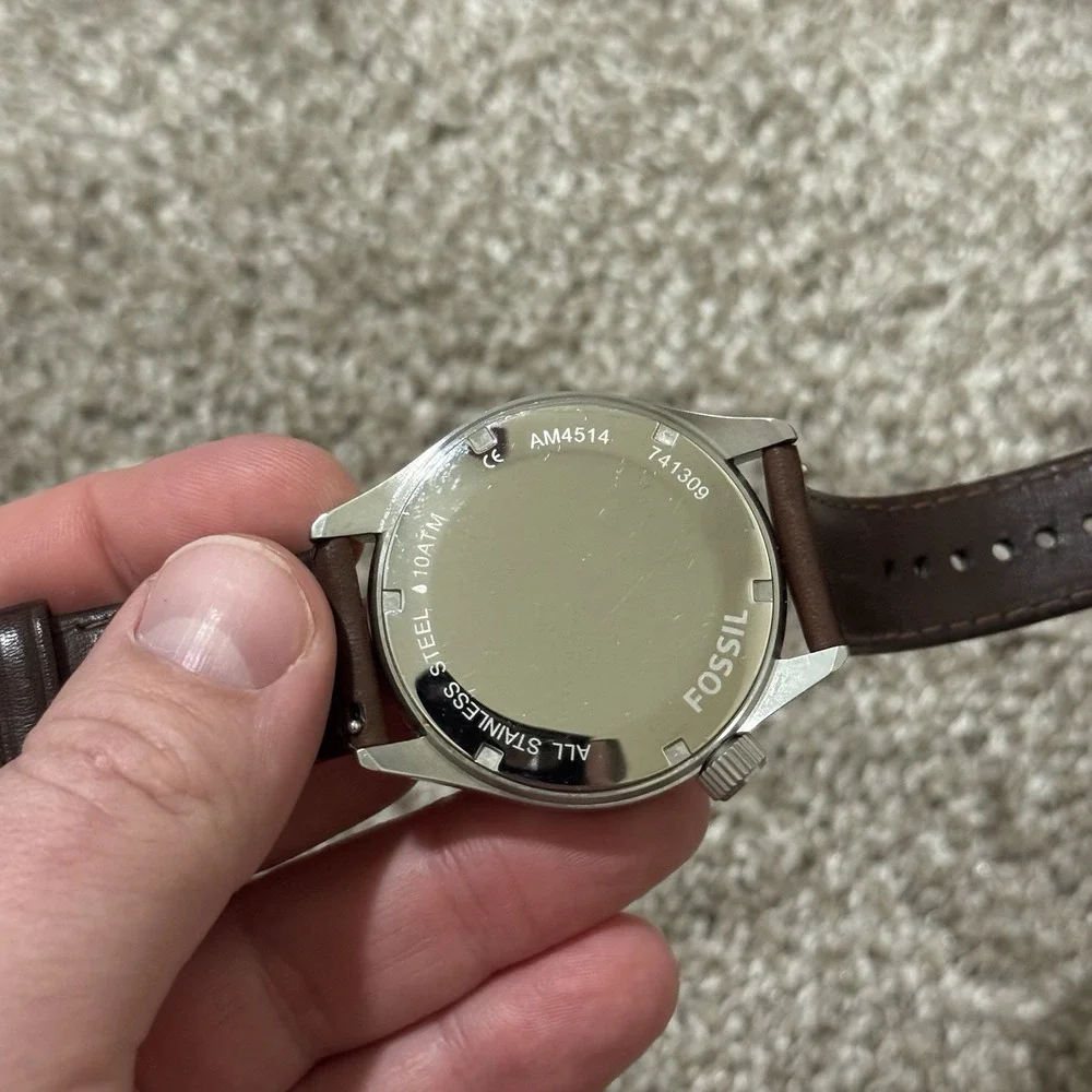 Fossil AM4514 Men's Watch Analog Black Dial Date Display Leather Band Brown B894